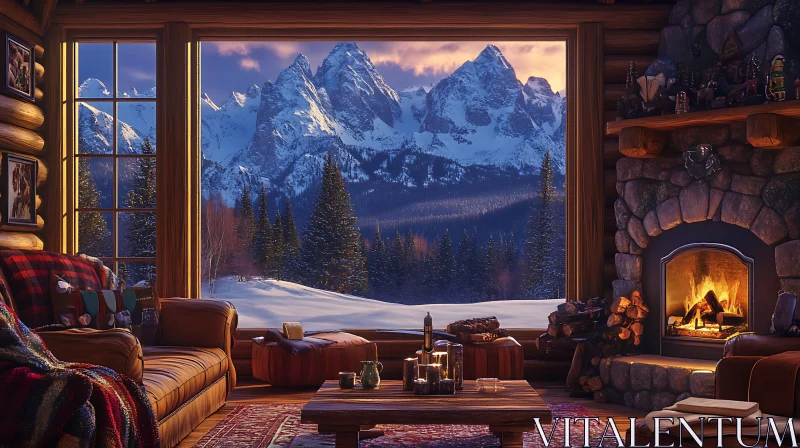 AI ART Winter Cabin with Mountain Scenery