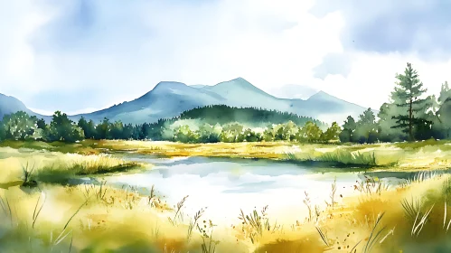 Serene Mountain Lake Watercolor Art