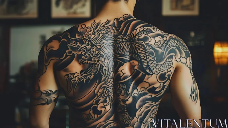 Mythical Dragon Back Tattoo with Clouds AI Image