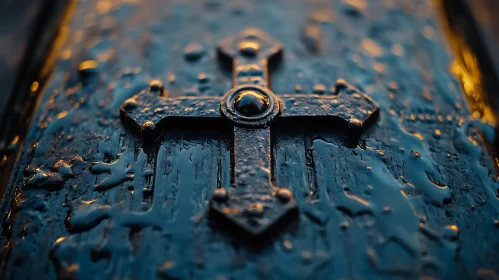 Symbolic Close-Up of Cross with Raindrops