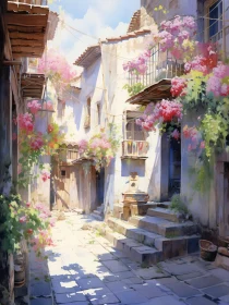 Floral Adorned Buildings in Sunny Alleyway