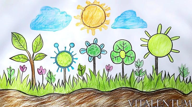 AI ART Child's Garden Drawing with Sun and Clouds