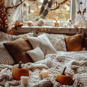 Autumnal Bed with Pumpkins and Candles