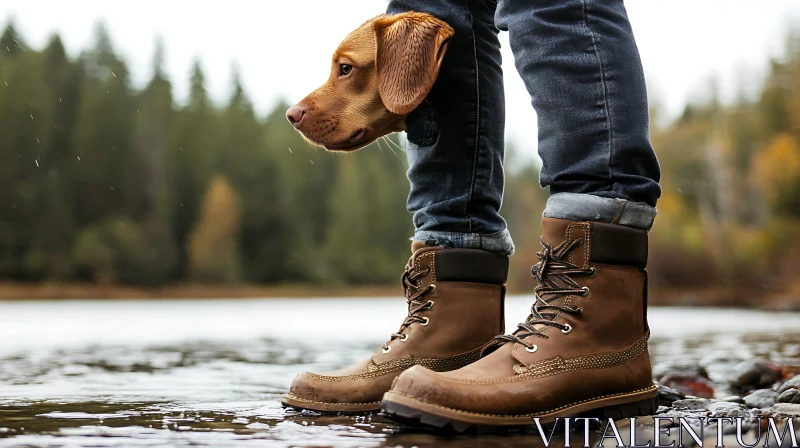 Dog's Playful Peek by the Lake AI Image