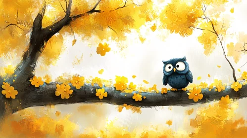 Whimsical Owl in a Yellow Flowered Forest