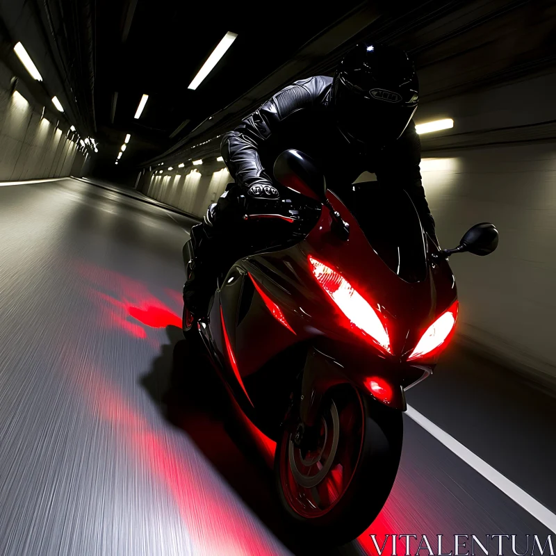 Red Motorcycle in Dark Tunnel AI Image