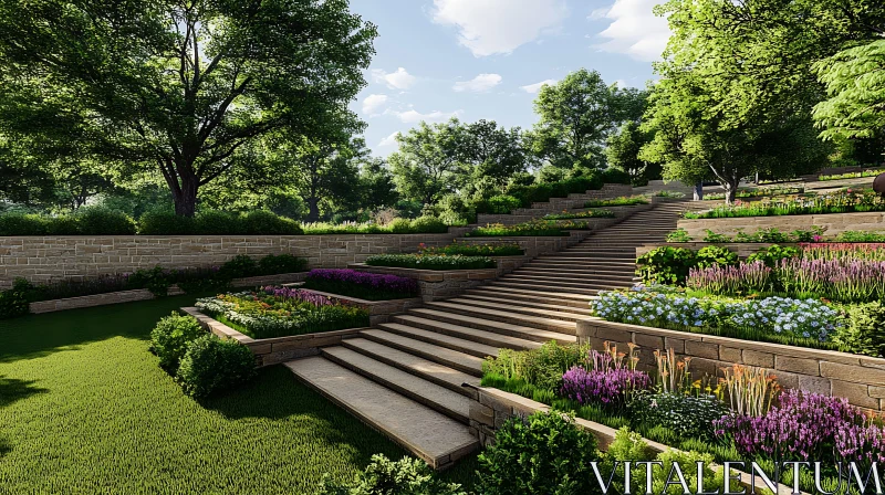 Tiered Garden with Flowers and Steps AI Image