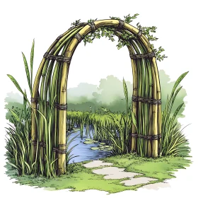 Natural Bamboo Arch by Pond