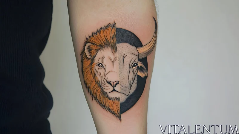 Split-Face Lion and Bull Tattoo Art AI Image