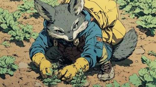 Anthropomorphic Fox Cultivating Crops