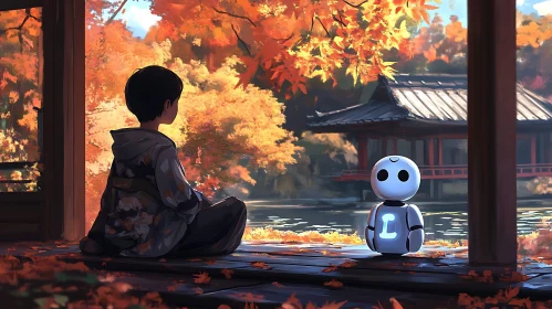 Boy and Robot in Autumn Scenery