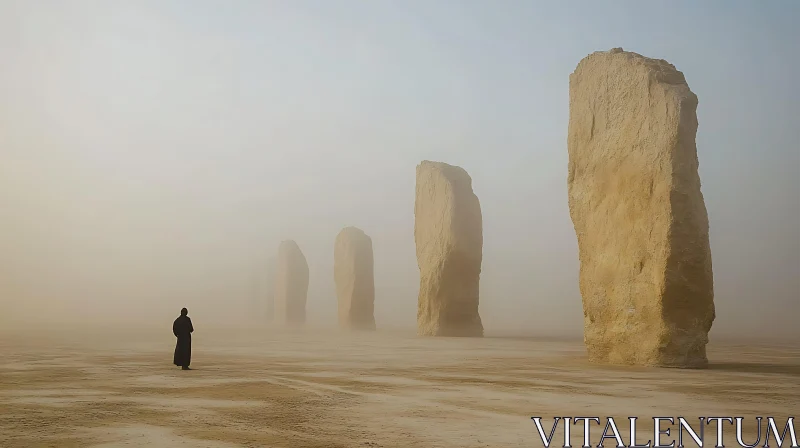 AI ART Mystical Desert Monoliths Under Fog