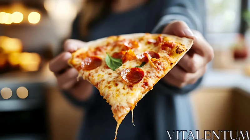 Appetizing Pepperoni Pizza Slice in Hand AI Image