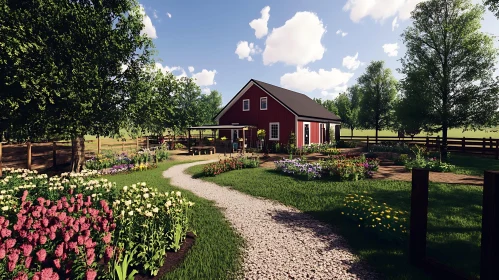 Charming Farmhouse with Gravel Path and Flowers