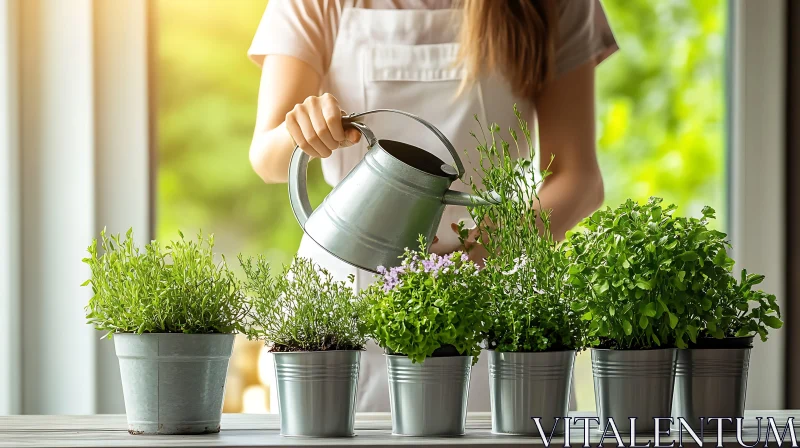 Potted Plants Being Watered Indoors AI Image