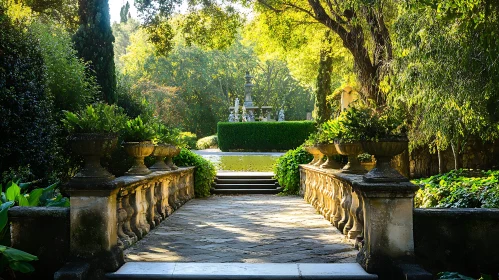 Sunlit Garden Path to Fountain