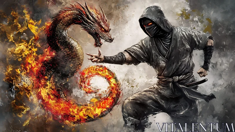 AI ART Fiery Dragon Encounter with Shadowy Ninja