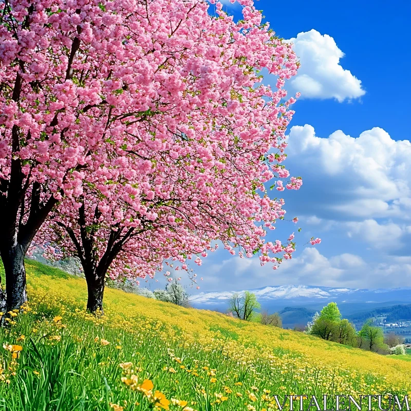 Spring Cherry Blossom Landscape AI Image