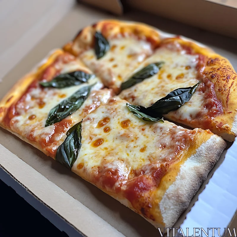 Cheesy Pizza Topped with Basil Leaves AI Image