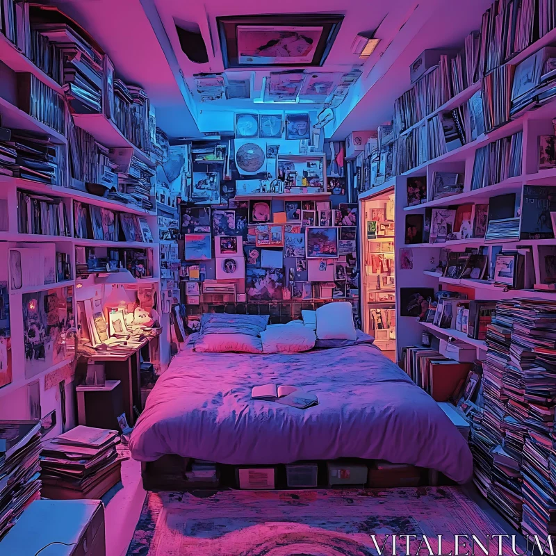 AI ART Book-Filled Bedroom with Pink and Blue Lights