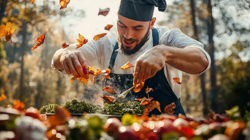 Chef Cooking Outdoors Amidst Autumn Leaves