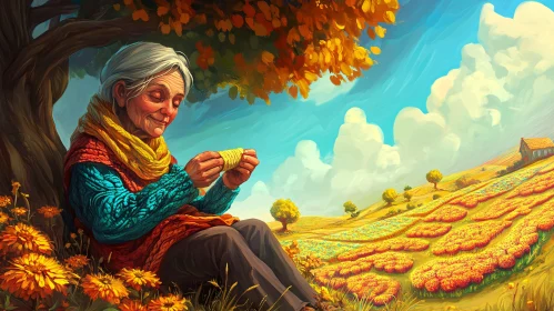 Elderly Woman Knitting Outdoors