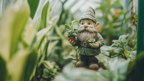 Gnome Holding Plant Figurine in Garden