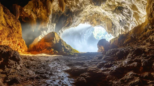 Sunlit Cave with Rugged Rock Formations