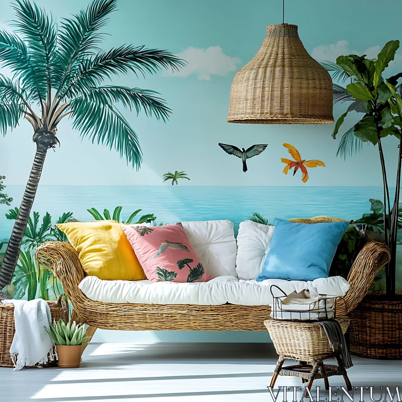 AI ART Coastal Living Room with Palm Tree Mural