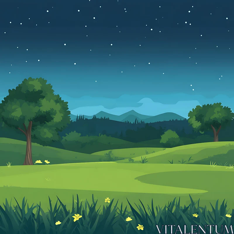 AI ART Peaceful Night Scene with Green Fields