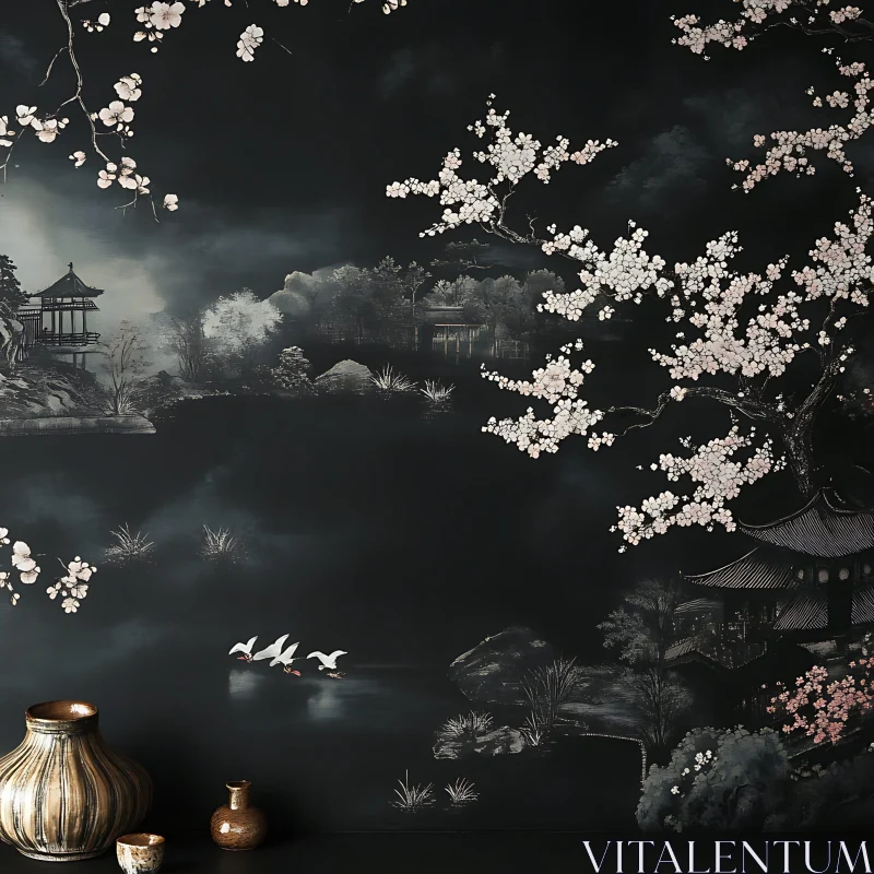 AI ART Monochrome Asian Vista with Swans