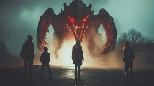 Monster Confrontation with People in Fog