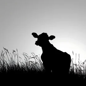 Monochrome Cow Silhouette in Grassy Field