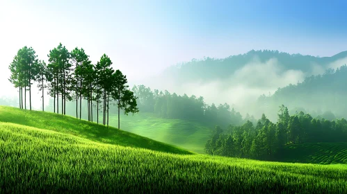 Green Landscape with Trees and Mist