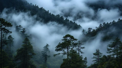 Foggy Mountain Landscape with Dense Forest