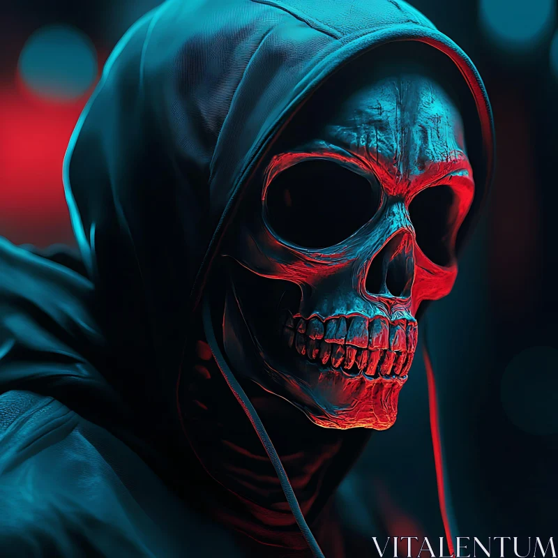 AI ART Hooded Skull with Red and Blue Lighting