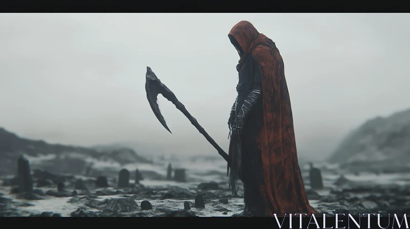 AI ART Hooded Figure with Scythe in Misty Graveyard