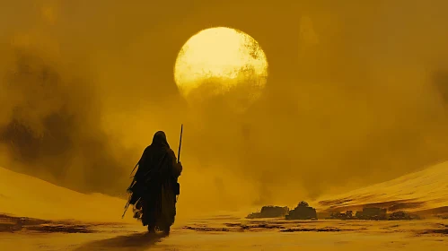Cloaked Figure in Sandy Wasteland