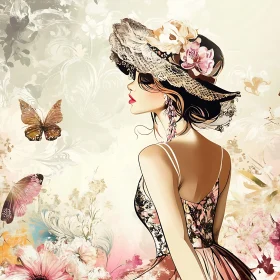 Floral Dress and Hat with Butterflies