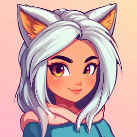 Cartoon Girl with Cat Ears and Silver Hair