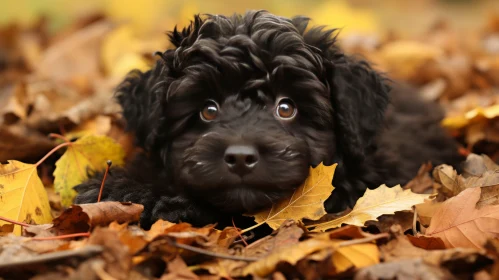 Black Poodle Puppy Amidst Autumn Leaves - Captivating Nature Photography