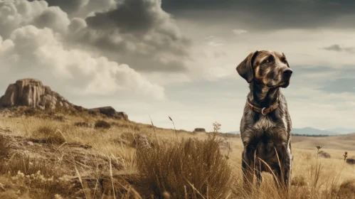 Canine in Open Field under Cloudy Sky - Object Portraiture in Scoutcore Style