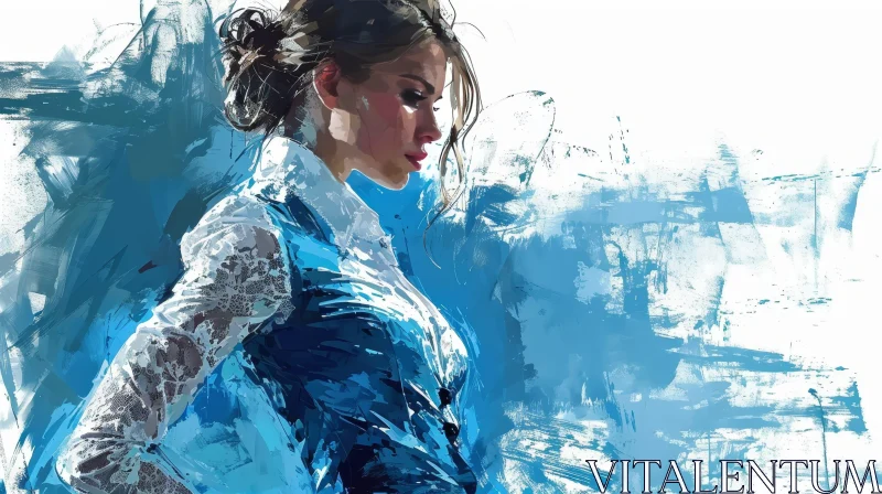AI ART Captivating Painting of a Melancholic Woman in Blue Dress