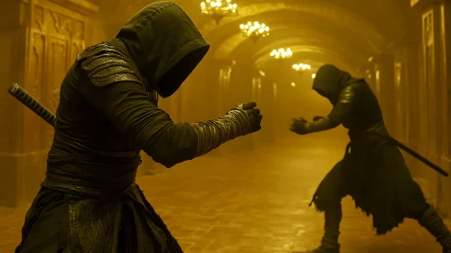 Shadowy Duel: Hooded Figures Face Off