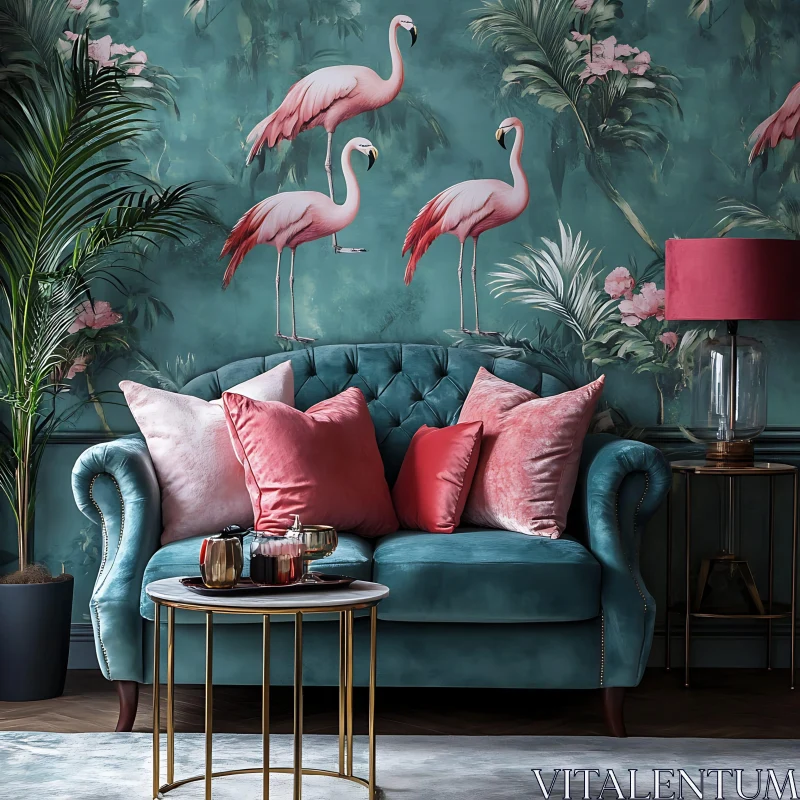 Teal Velvet Sofa with Flamingo Wallpaper AI Image