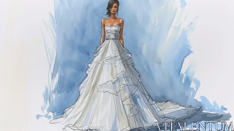 Elegant Sketch of a Woman in a Strapless Wedding Dress AI Image