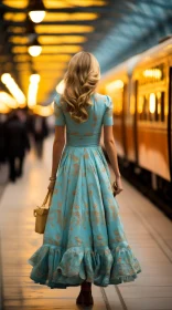 Elegant Woman in Blue Summer Dress Walking Down Tracks