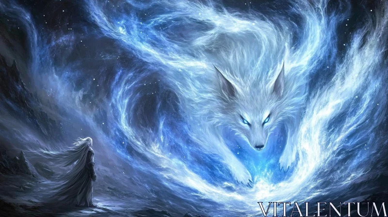 Ethereal Wolf and Woman in Blue Light AI Image