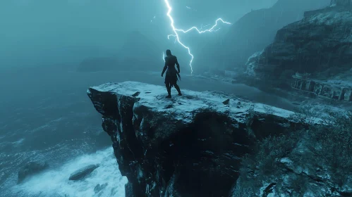 Figure on Cliff During Thunderstorm