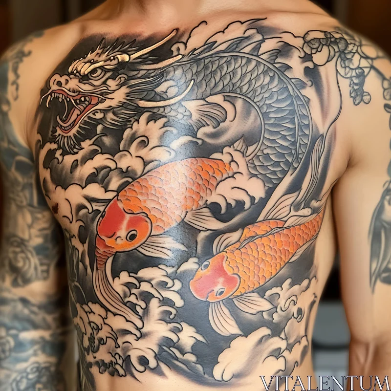 Traditional Chest Tattoo of Dragon and Koi Fish AI Image